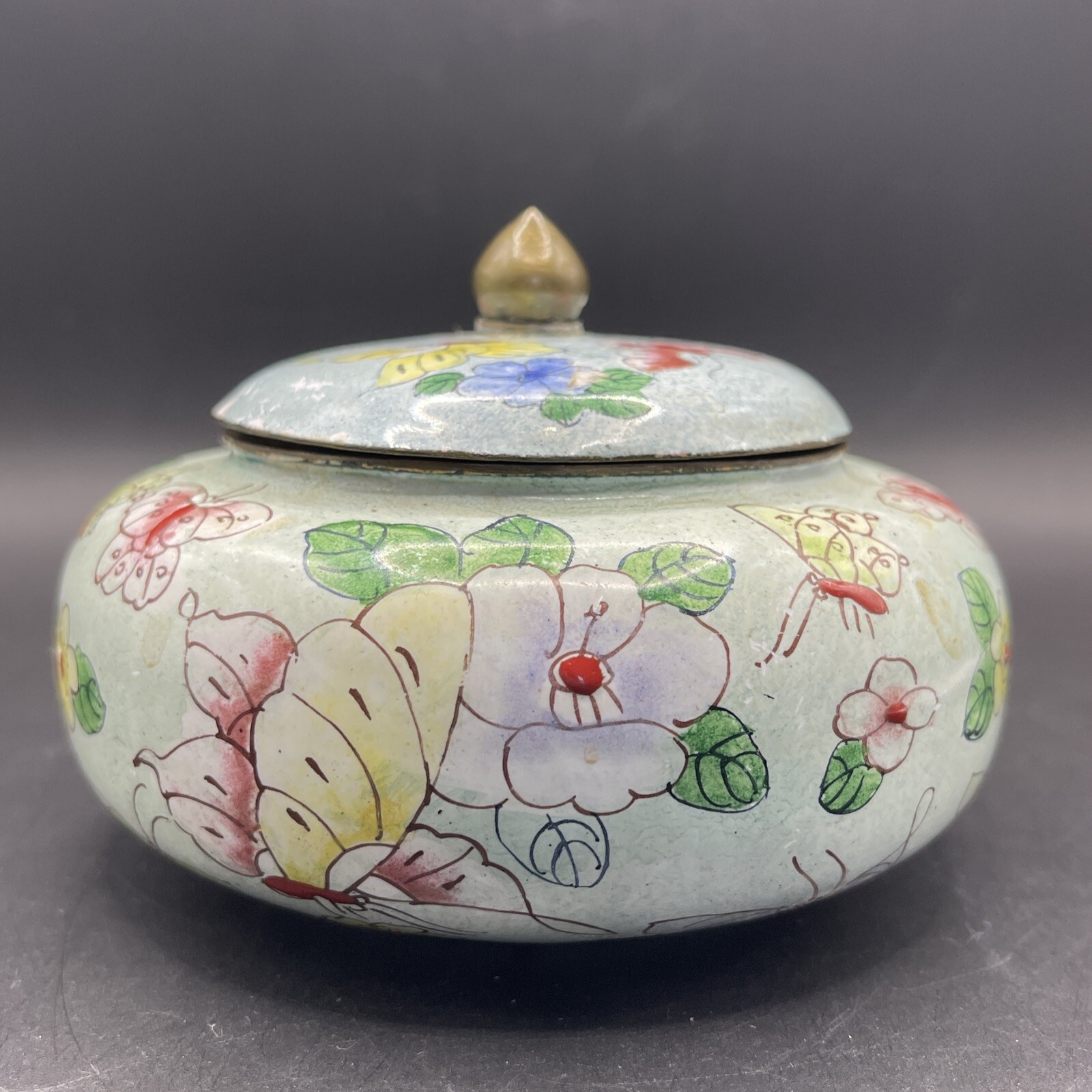 Lidded Enamel Trinket Bowl with Butterflies and Flowers