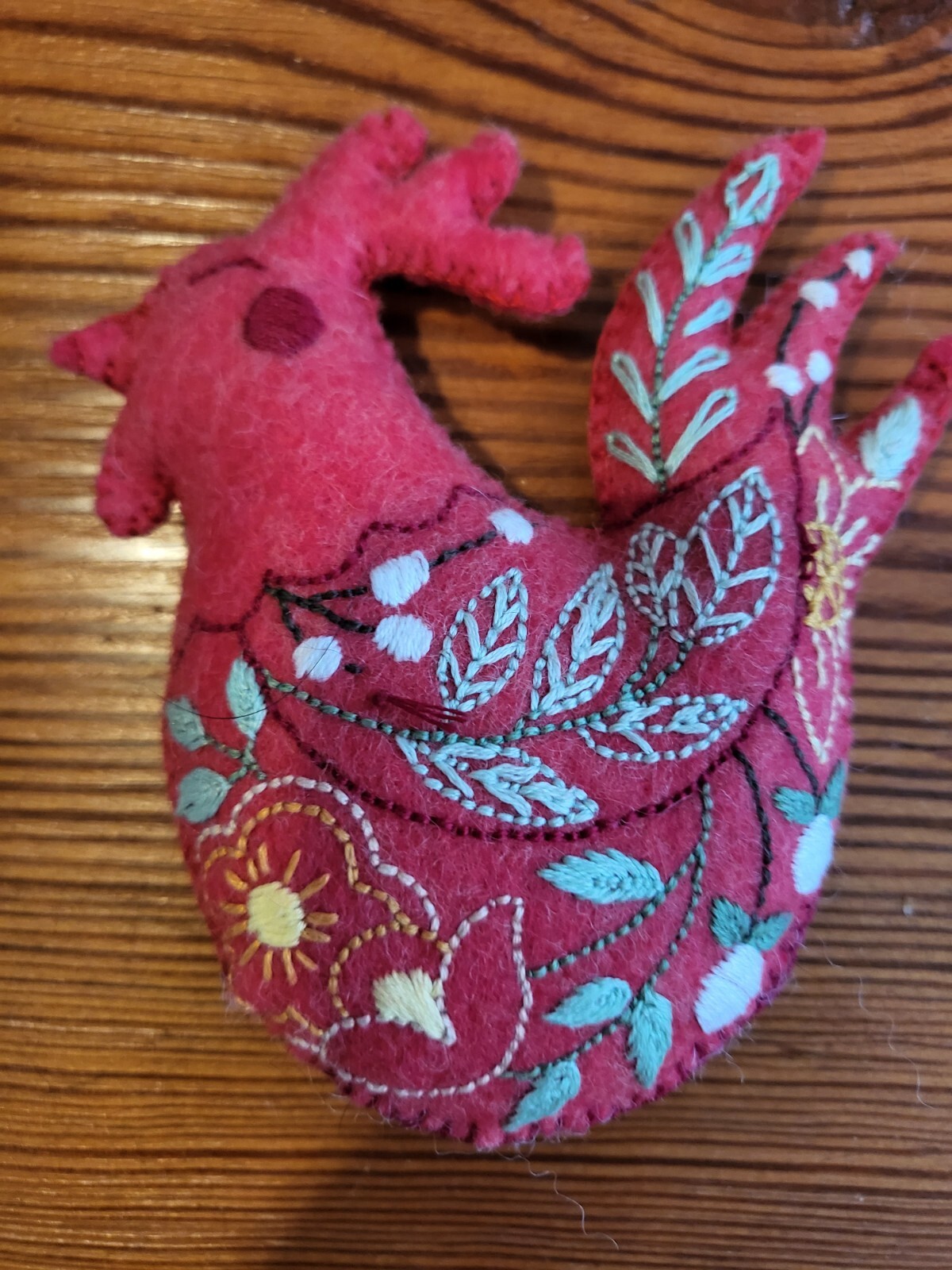 hand stitched pin cushion rooster red wool felt