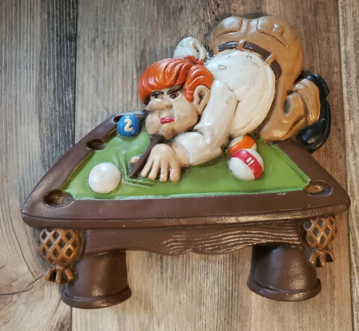 Vintage Chalkware Billiards Pool Player Wall Hanging Plaque 8.5”x8.5” Man Cave.