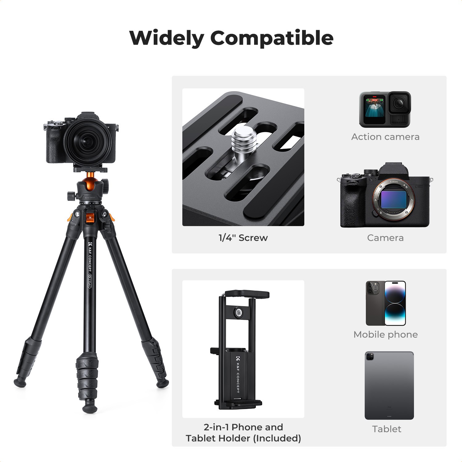 K&F Concept 63" Lightweight Camera Tripod 2-in-1 Rubber Feet + Metal Spikes