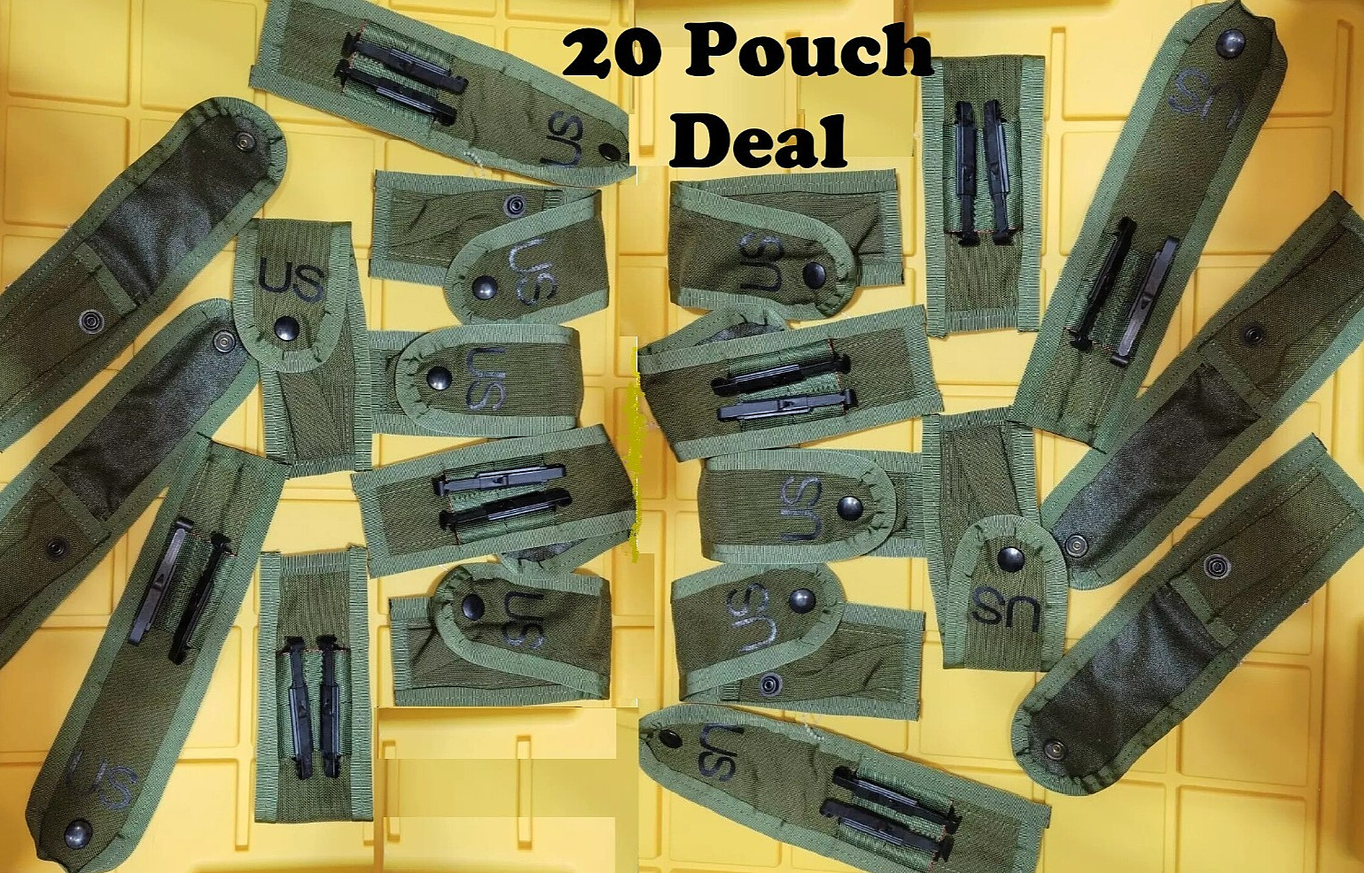 20 Pouches, NEW US Army 9MM / 45 Magazine Pouch W/2 Alice Clips. OD Green, 'US'