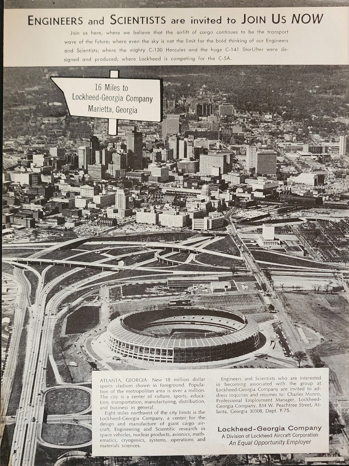 Lockheed Georgia Picture Magazine Ad Original Vtg Wall Art Marietta Skyline