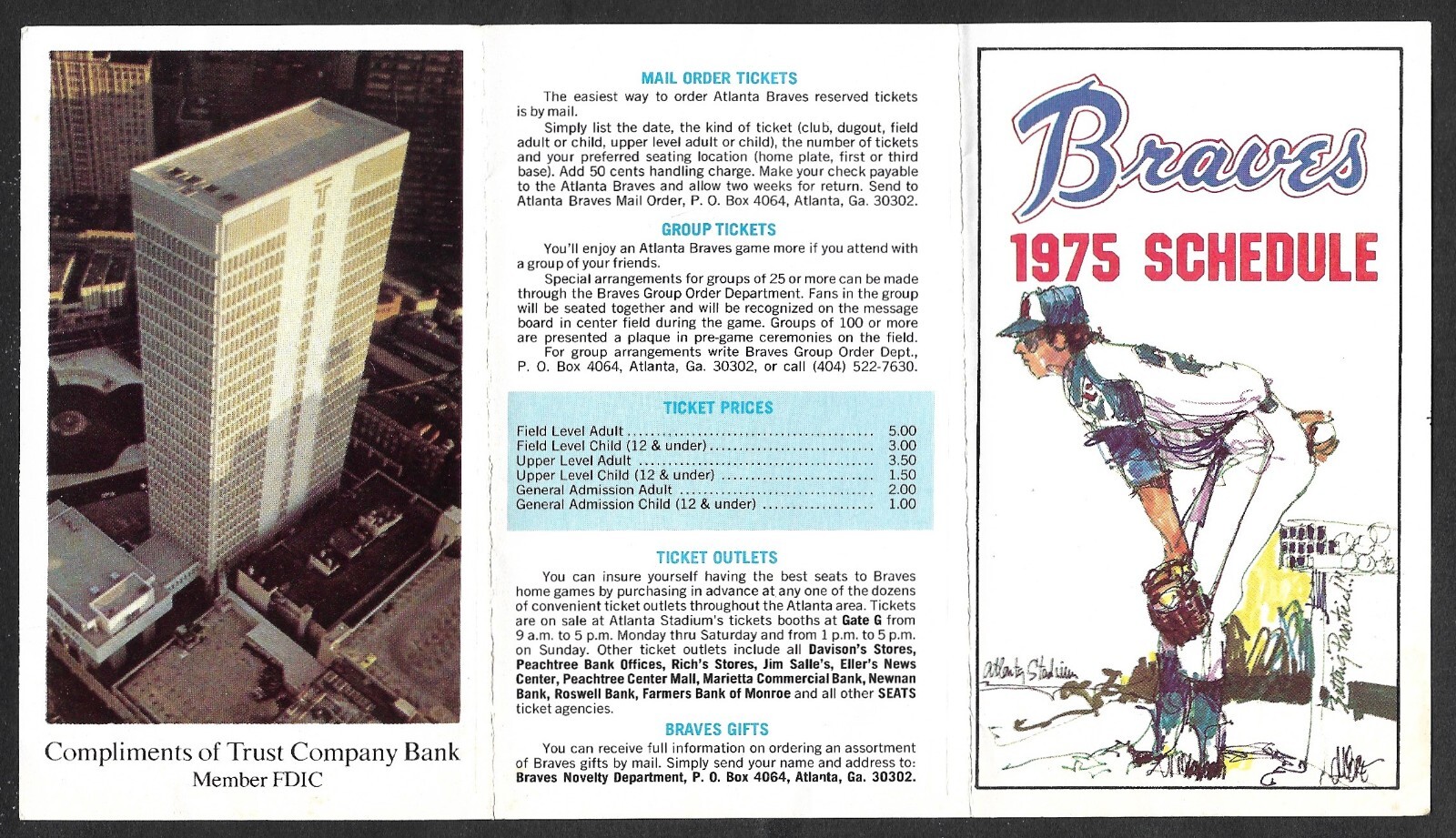 1975 ATLANTA BRAVES  Trust Bank  Regular Season  POCKET SCHEDULE  EX
