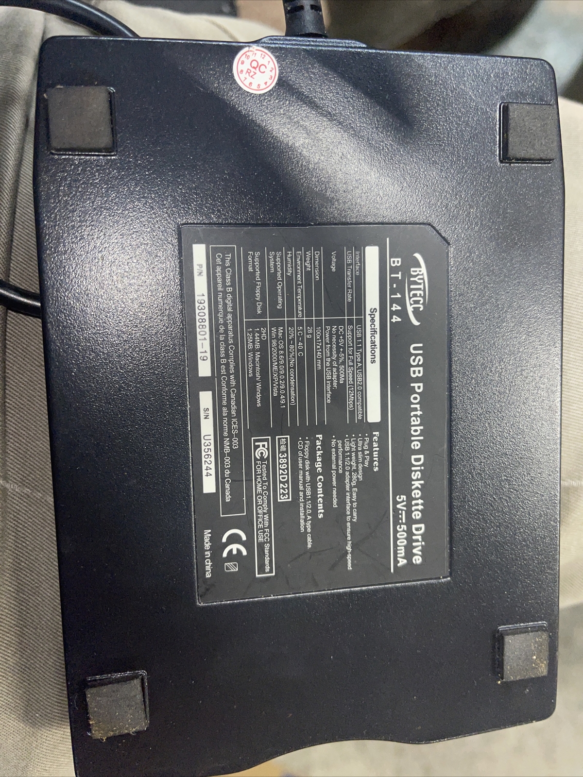 Bytecc USB Portable Diskette External Floppy Drive BT-144 Works Good