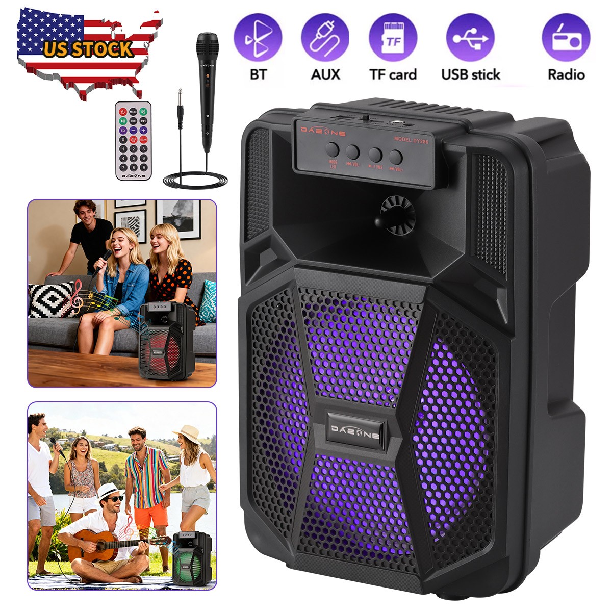 8'' Portable Bluetooth Party Speaker Subwoofer Heavy Bass Sound System W/ Mic FM