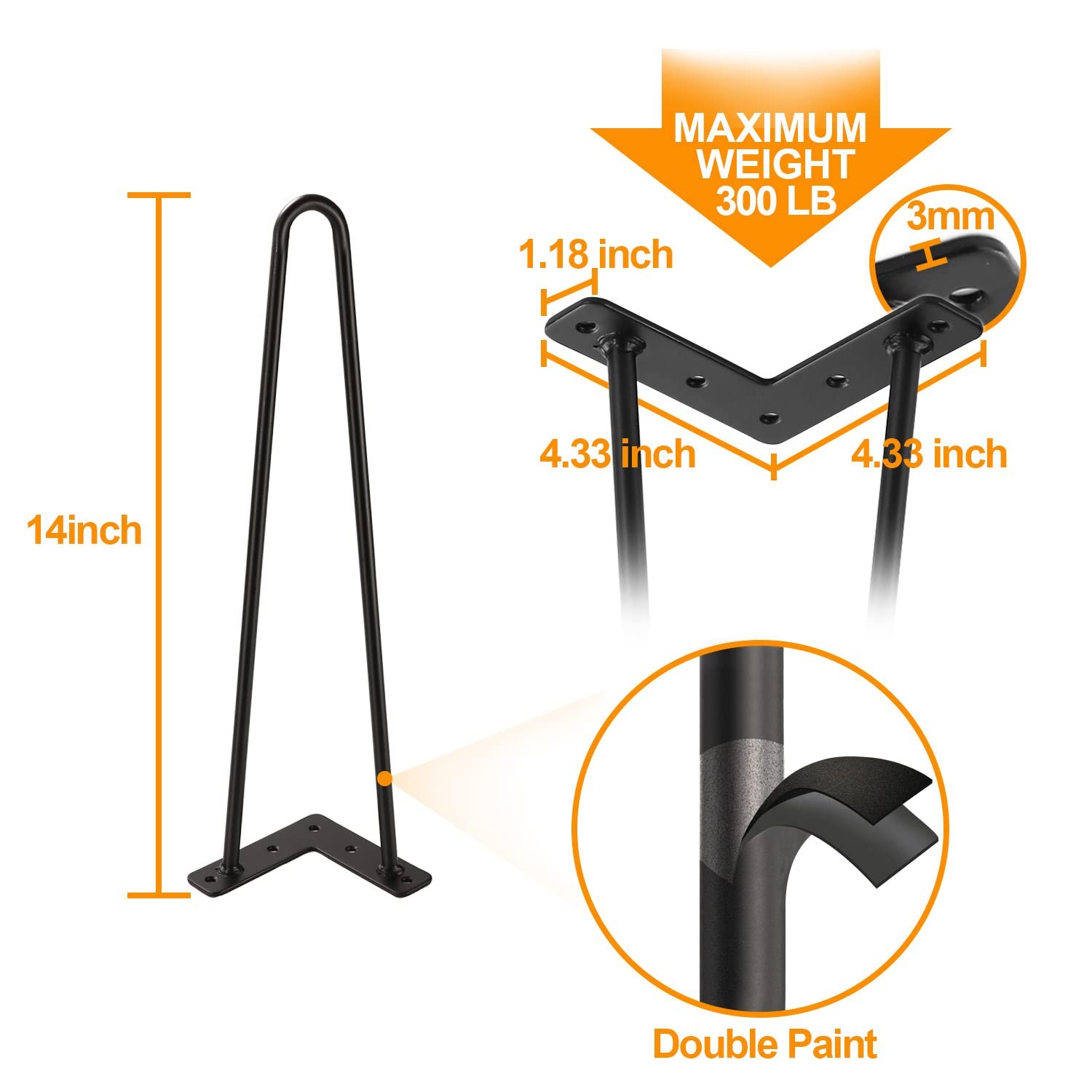 Ironalita 14 Inch Hairpin Legs for Furniture Set of 4, Heavy 14 inch, Black