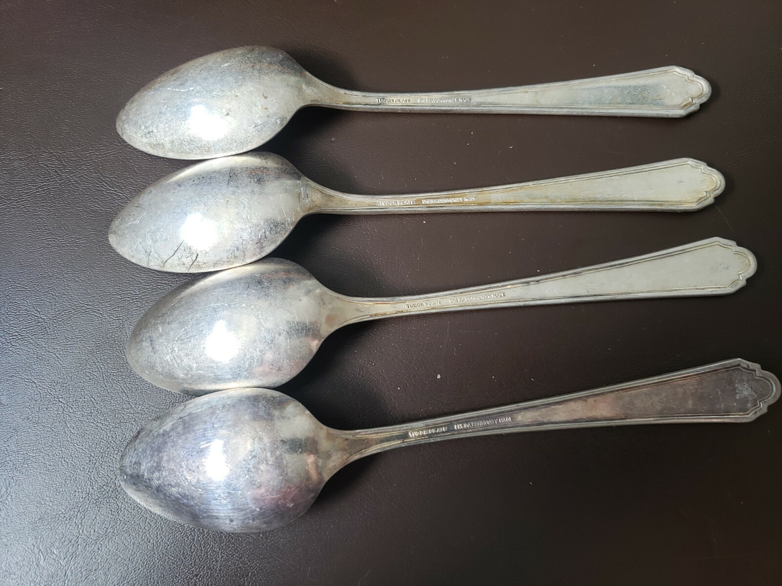 4 ANTIQUE VINTAGE COLLECTIBLE SOUP SPOONS 7.25" ONEIDA SILVER PLATE- TUDOR