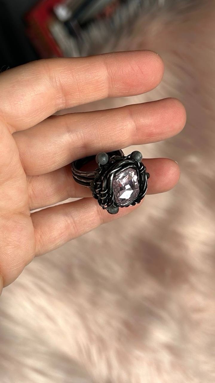 Handcrafted Statement Ring Black Wire Wrapped size 8