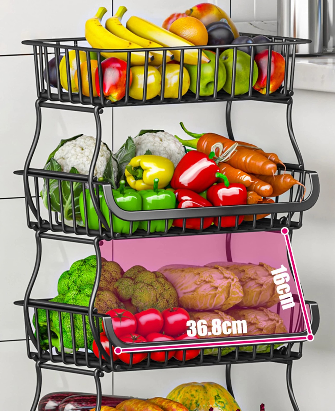 Fruit Vegetable Storage Baskets with Wheels, 6 Tier Stackable Wire Storage Ba...