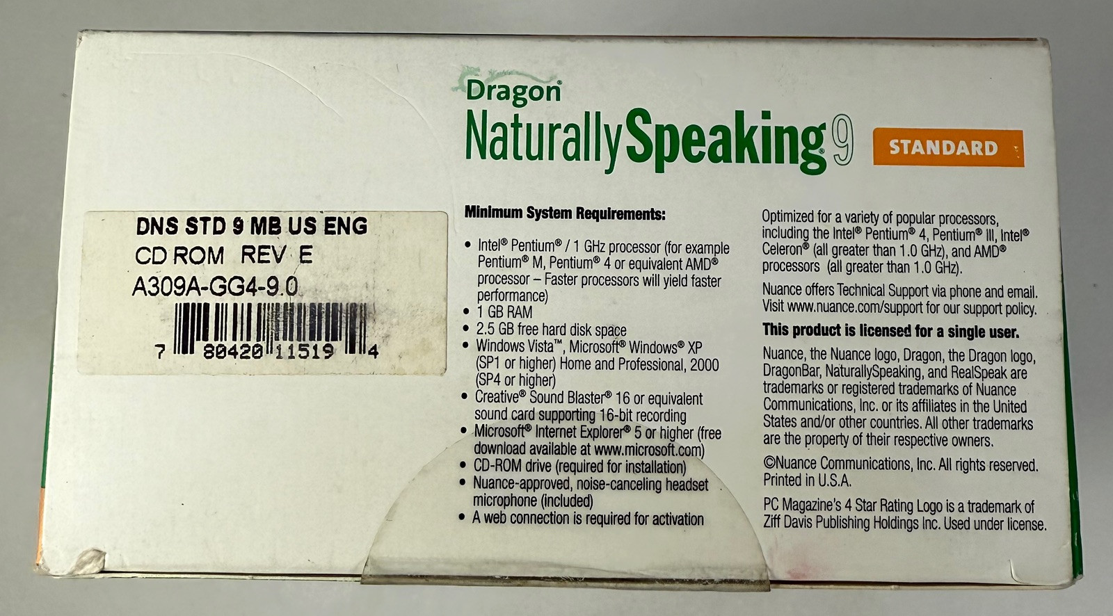 Dragon Naturally Speaking 9 Standard SPEECH RECOGNITION SOFTWARE NOS NEVER OPEN