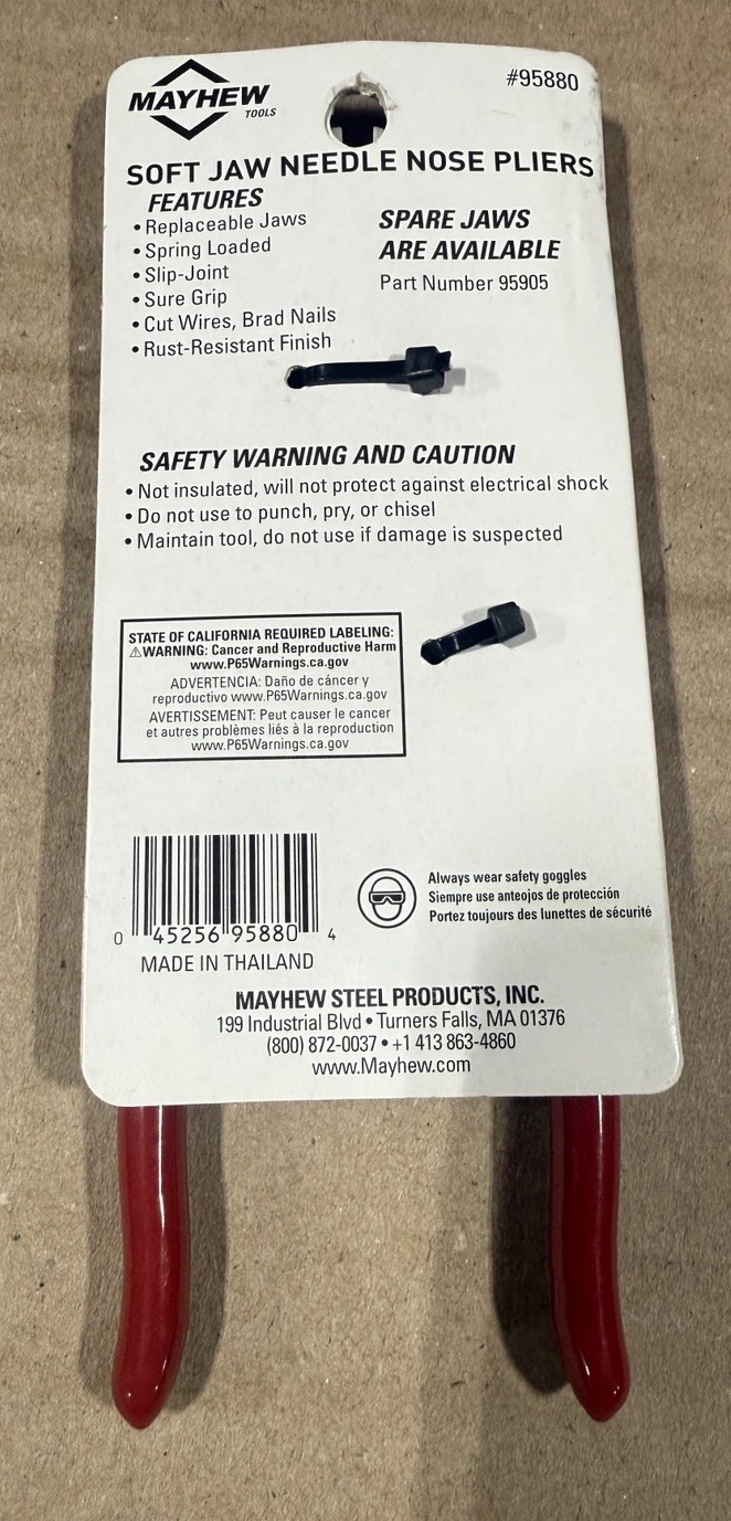 Mayhew Tools Soft Jaw Needle Nose Plier Plastic Replaceable Jaw 95880 NEW