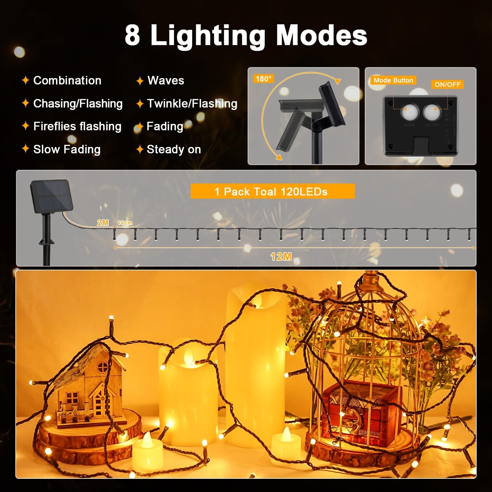 Solar String Lights for Outside, 39.4ft 120LED Outdoor Solar String Lights 8 ...