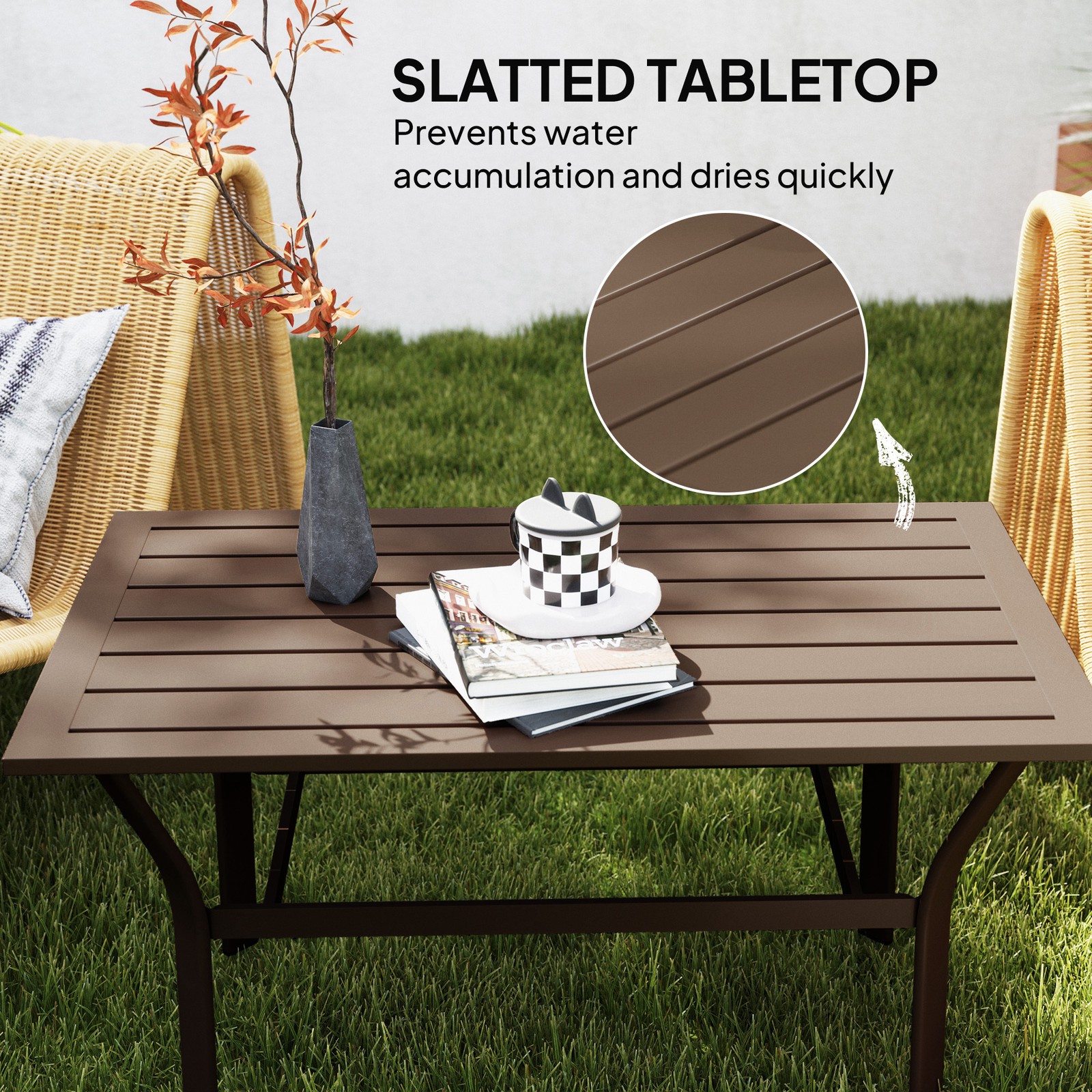36in Metal Outdoor Coffee Table Rectangular Slatted Patio Table Brown