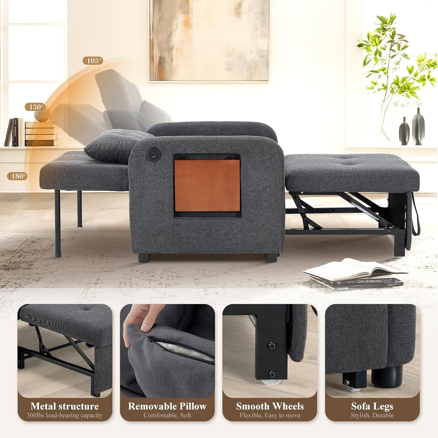 Convertible Sleeper Chair-Fabric Futon Sofa Bed Single Sleeper Sofa Small Couch
