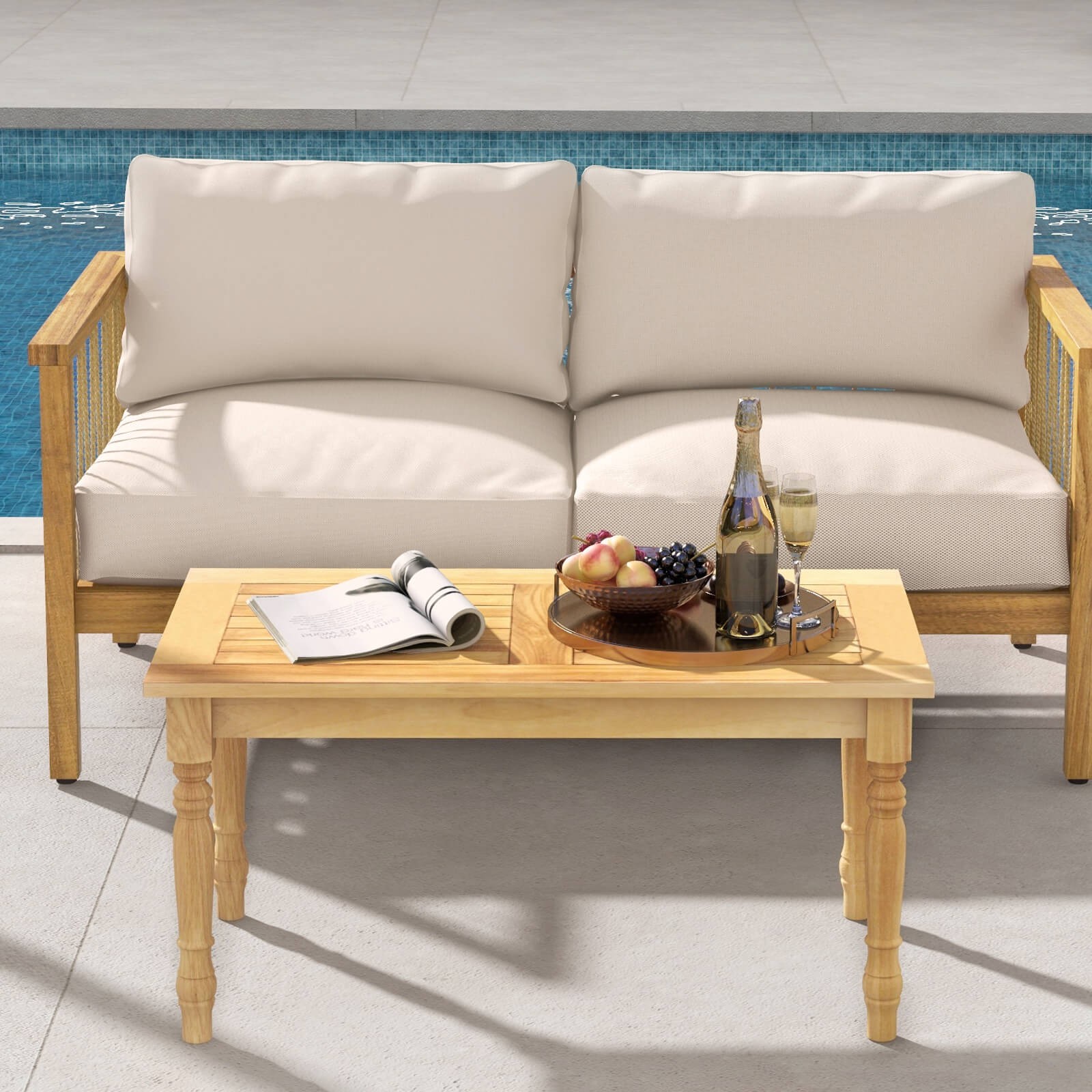 Patio Coffee Table with Solid Teak Wood Structure Slatted Tabletop for Backyard
