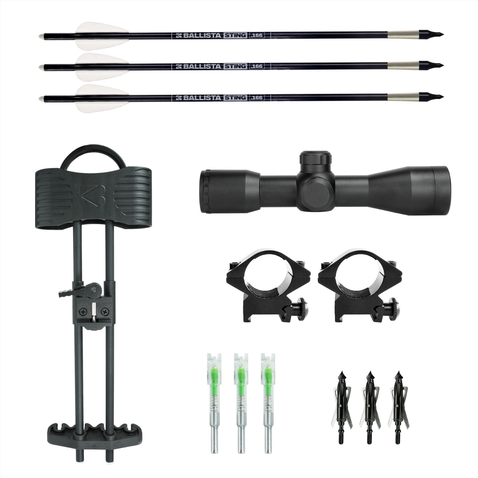 BALLISTA Hunting Kit: 4x32 Scope, 16" STING Carbon Bolts, Broadheads & More