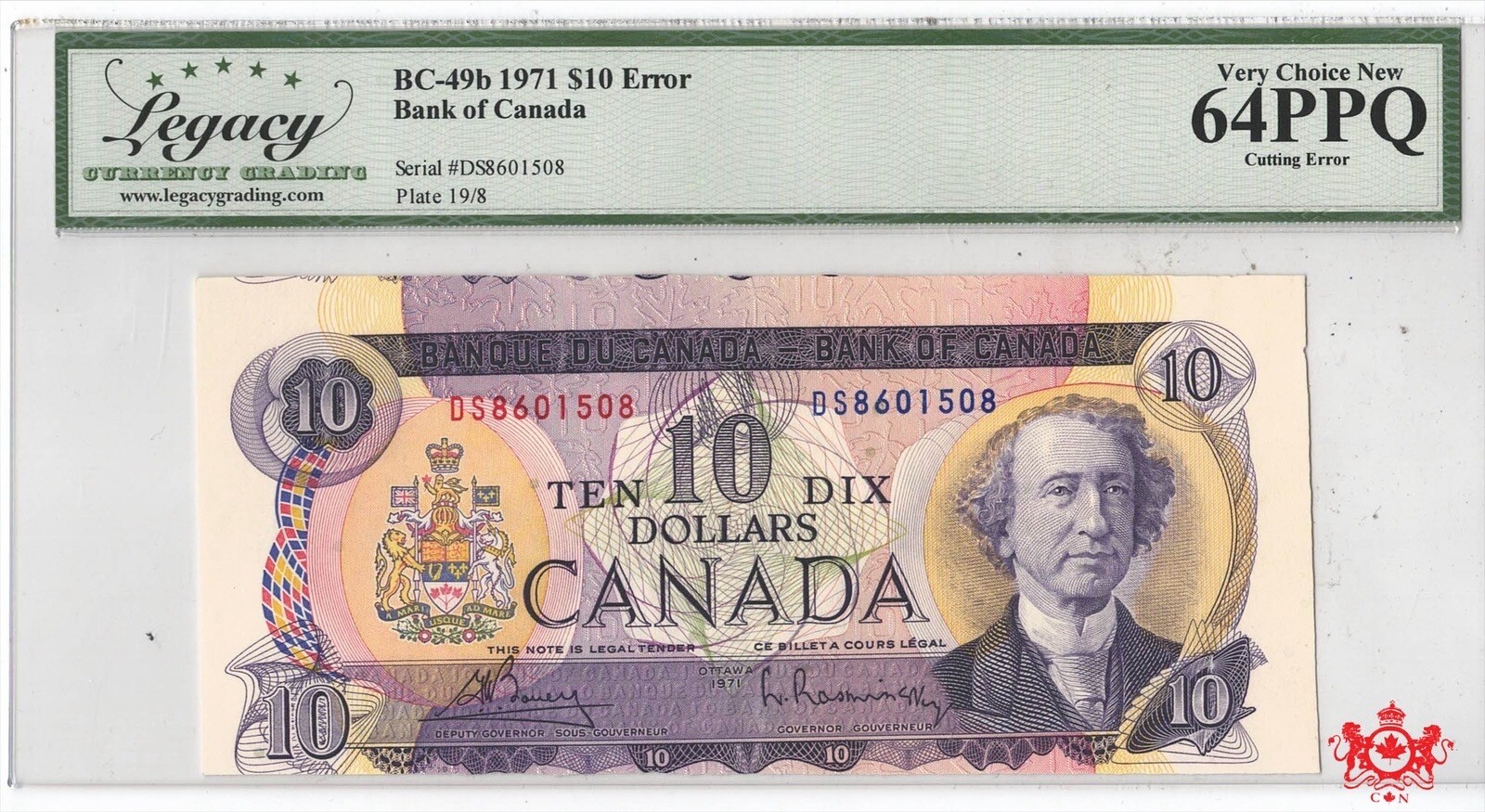 1971 Bank Of Canada 10$ Cut Out Of Register Error DS8601508 - Legacy UNC64 -