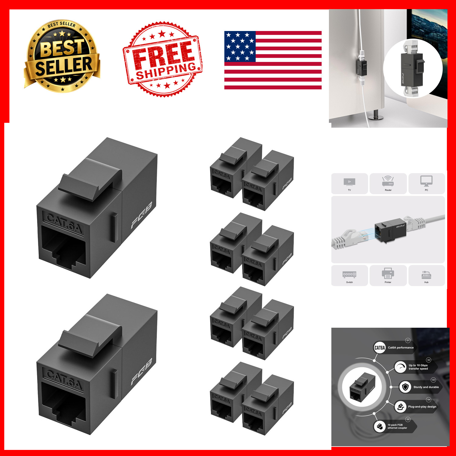 CAT6A RJ45 Keystone Coupler Female to Female 10-Pack 10G 500MHz Gold Plated