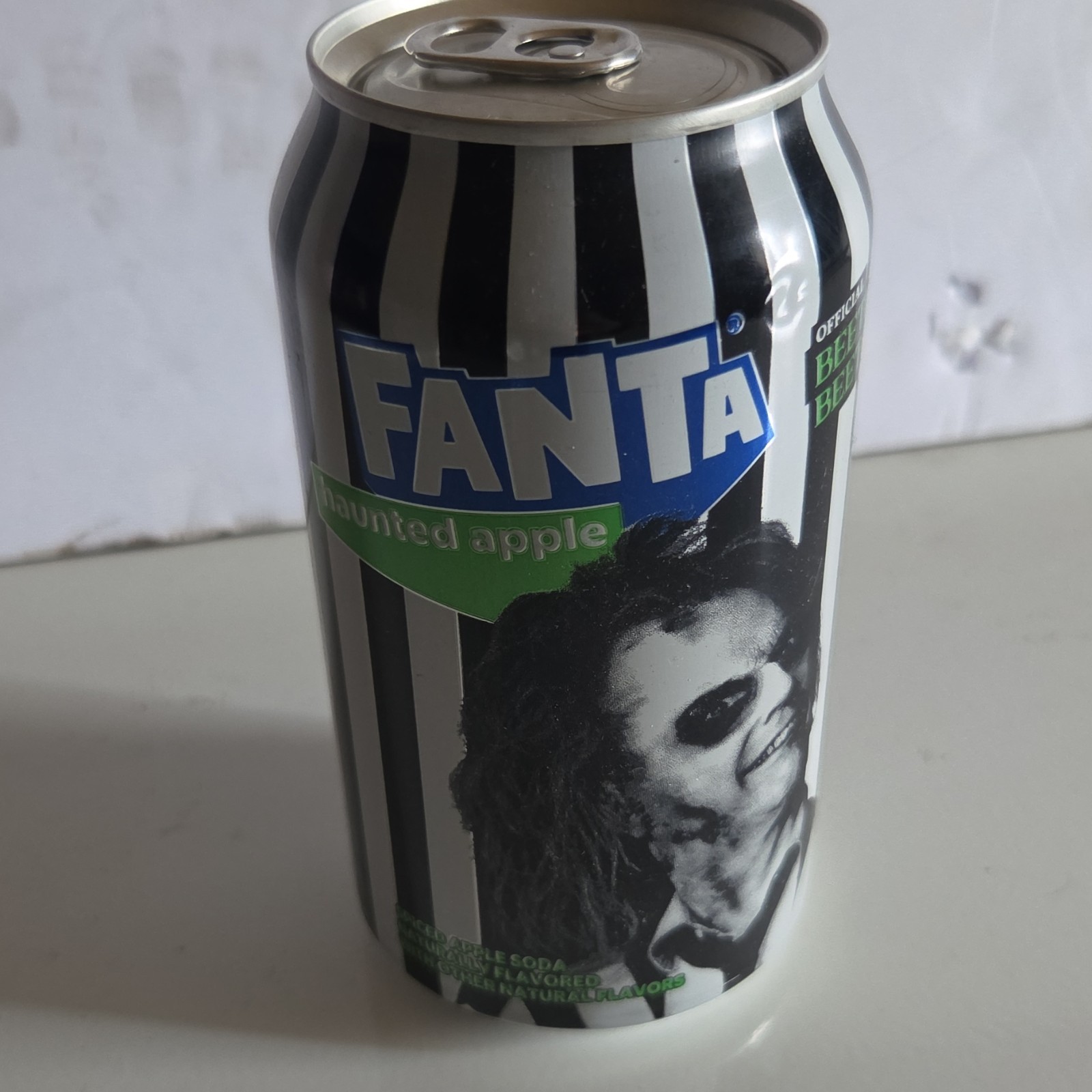 Fanta Haunted Apple Soda Can Collectible Beetlejuice Packaging Black White Theme