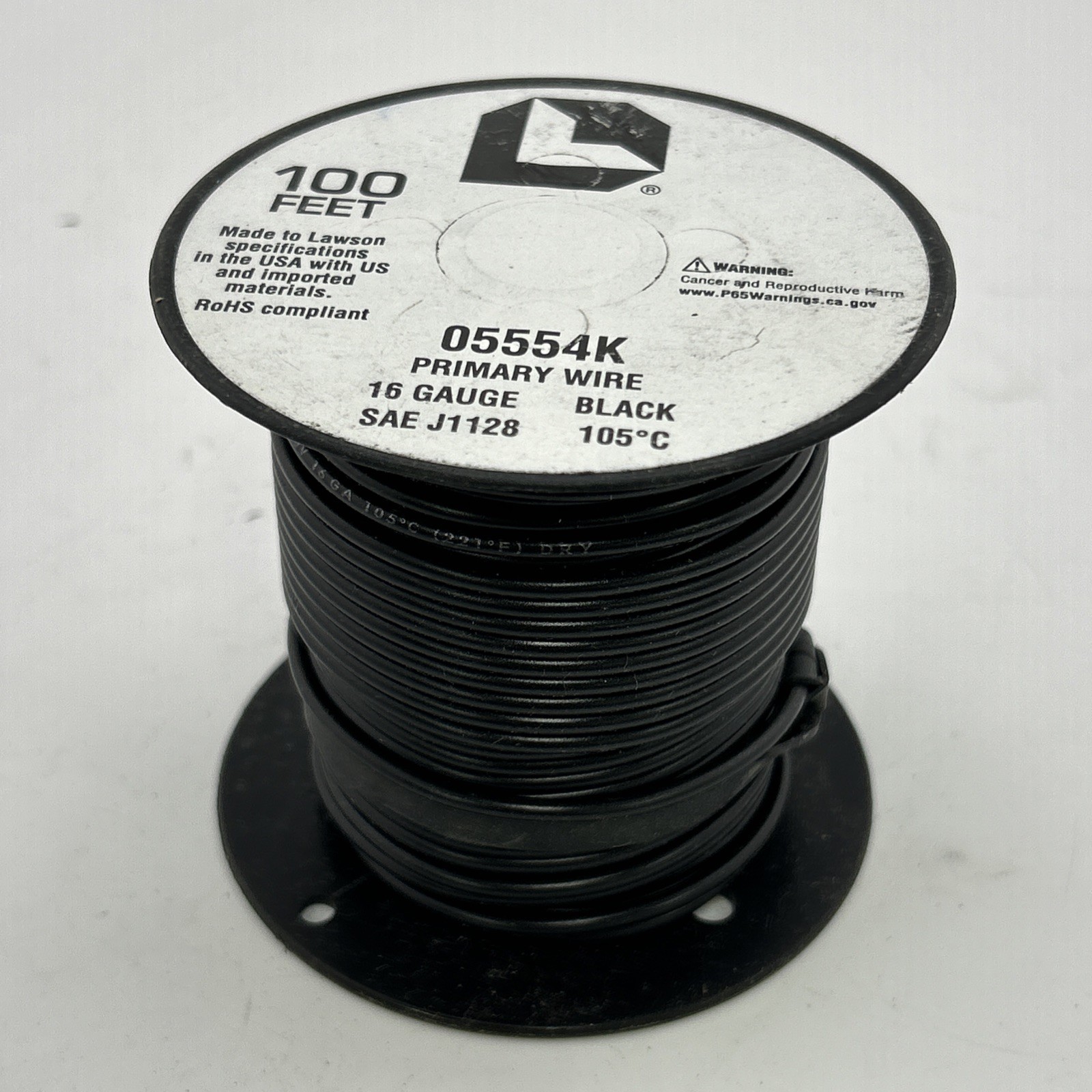 Plastic Covered Primary Wire, Vinyl Plastic, 16 AWG, 60 Volts, Blk , 100' Length