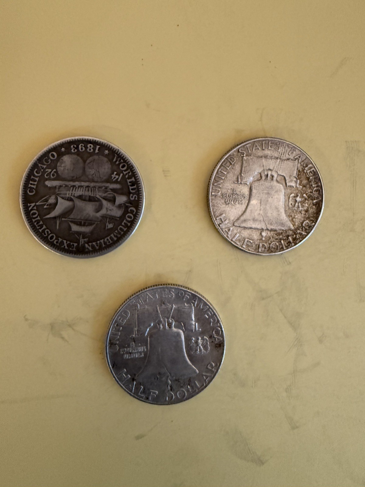 3 Coin U.S. Half Dollar Lot 1893 Columbian Expo Fine 1958 Franklin VF 1963-D Fra