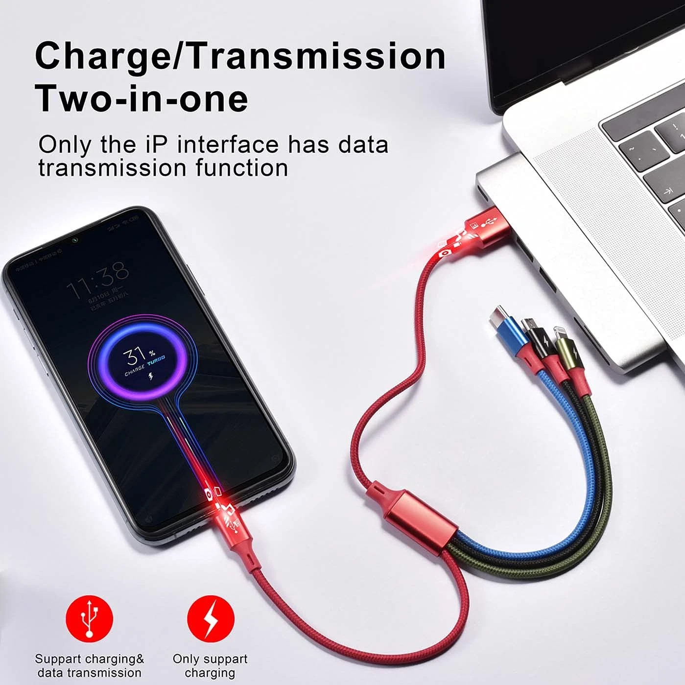 Short Multi Charging Cable, 1Ft/2Pack Multi Charging Cord, 4 in 1 Multiple USB C