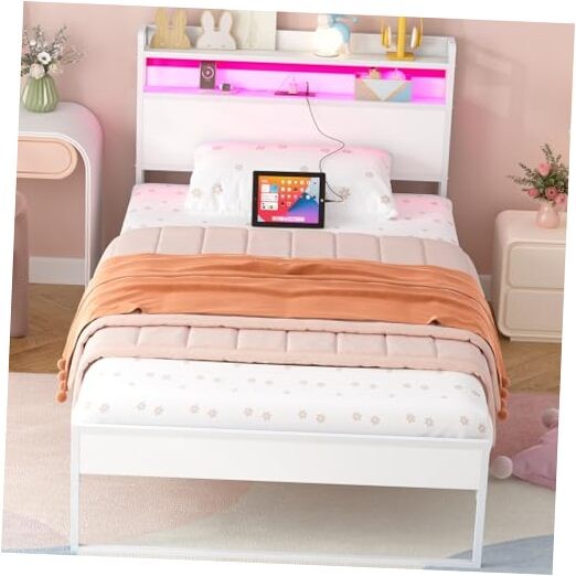 Bed Frames with Charging Station and LED Lights, Metal Bed Frame Twin White