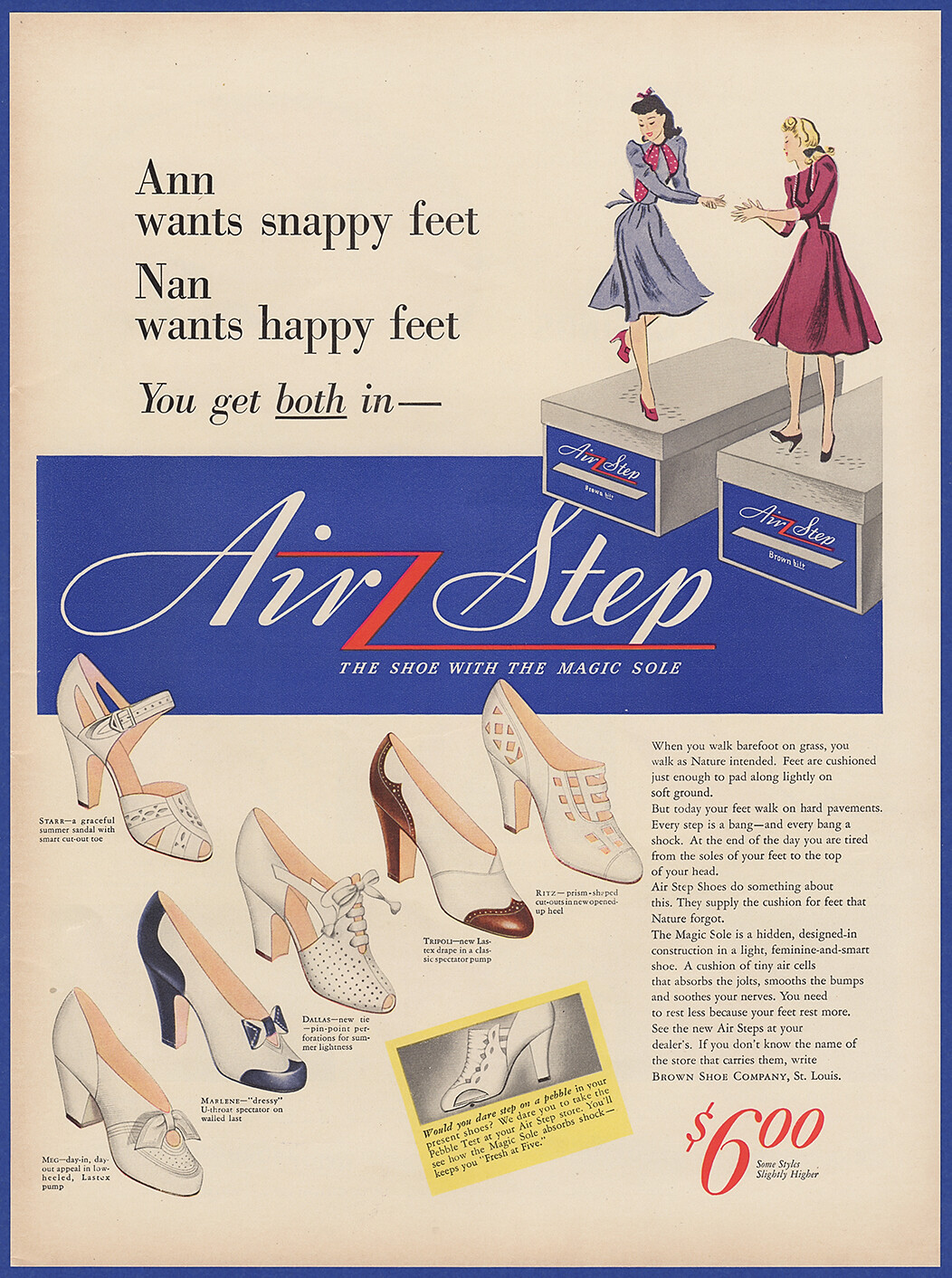 Vintage 1940 AIR STEP Shoes Women's Fashion Starr Meg Dallas Ritz Print Ad