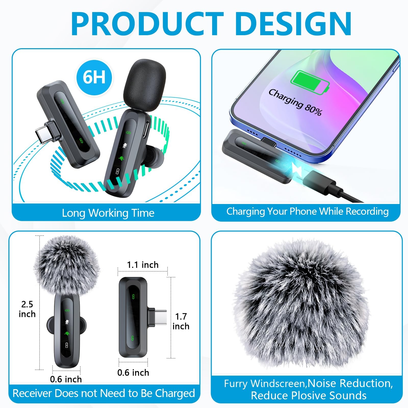 Utsund Wireless Microphone Black LED Display for iPhone and Android, Black6