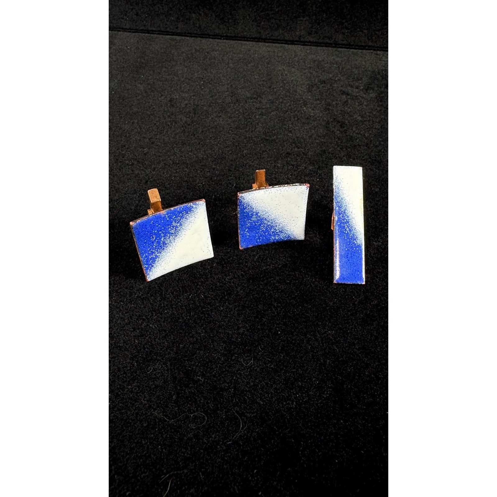 Vintage Enamel Copper Cufflinks & Tie Bar Set, Blue White Menswear Unsigned