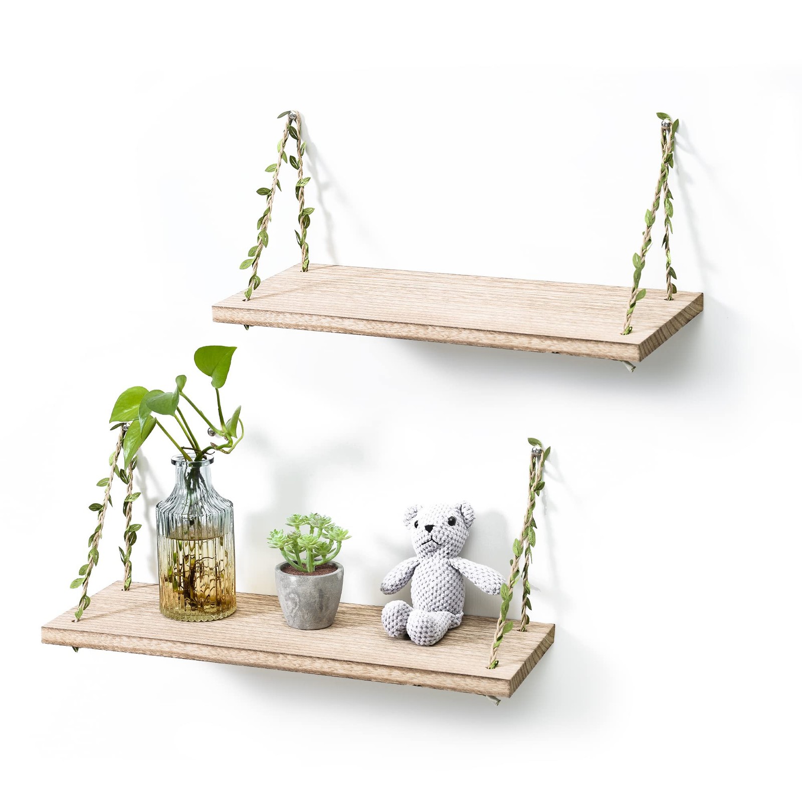 MITIME Leaf Rope Hanging Floating Shelves, Wall 17in Set of 2, Light Color