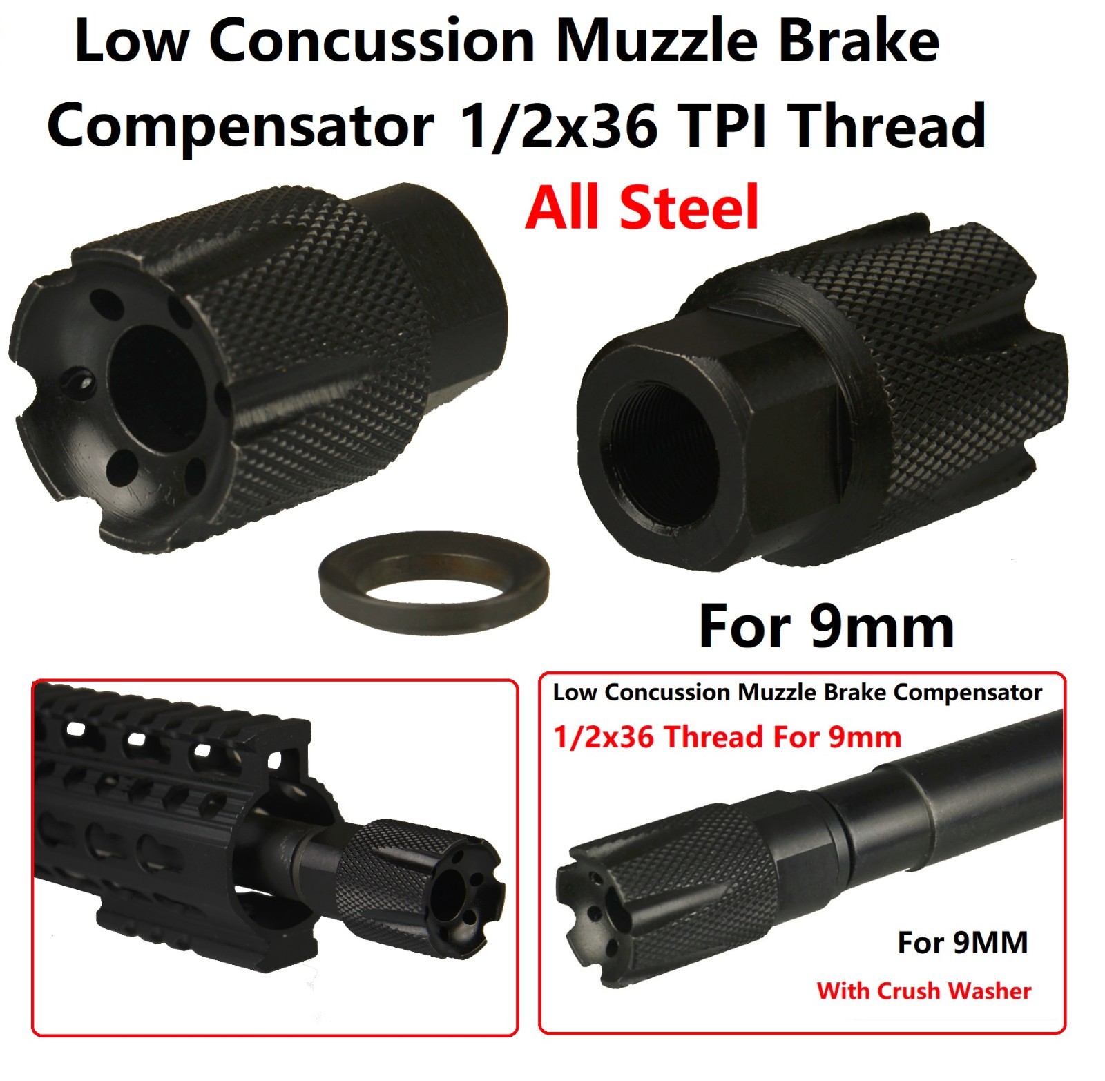 Compact Low Concussion Muzzle Brake Compensator 1/2x36 TPI For 9mm Free Washer