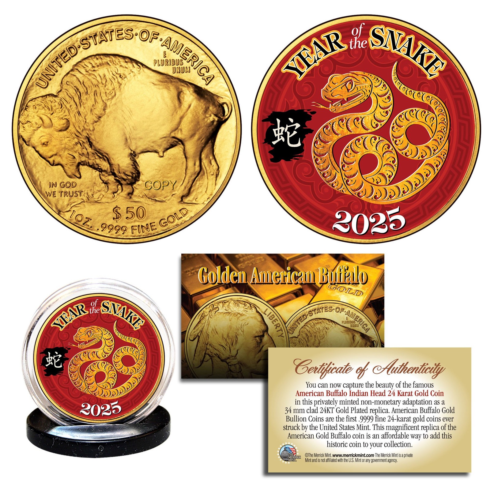 2025 Lunar New YEAR OF SNAKE 24K Gold Clad $50 American Buffalo Tribute Coin