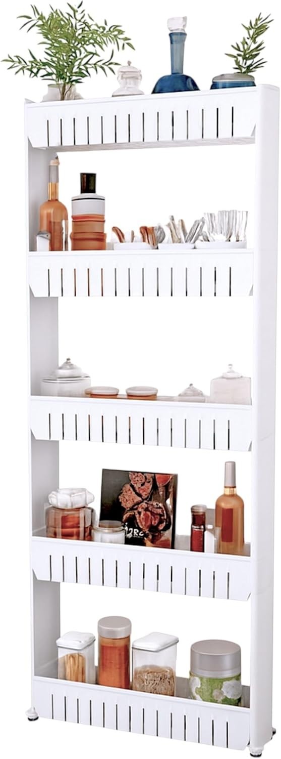 Mobile 5-Tier Slim Storage Tower - Perfect for Tight Spaces & Easy Access
