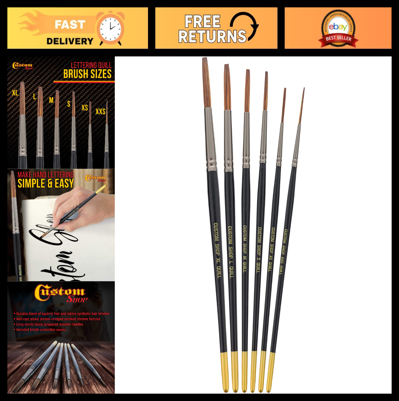 Set of 6 Lettering Quill Brushes for Sign Painting - Professional Pinstriping Ar