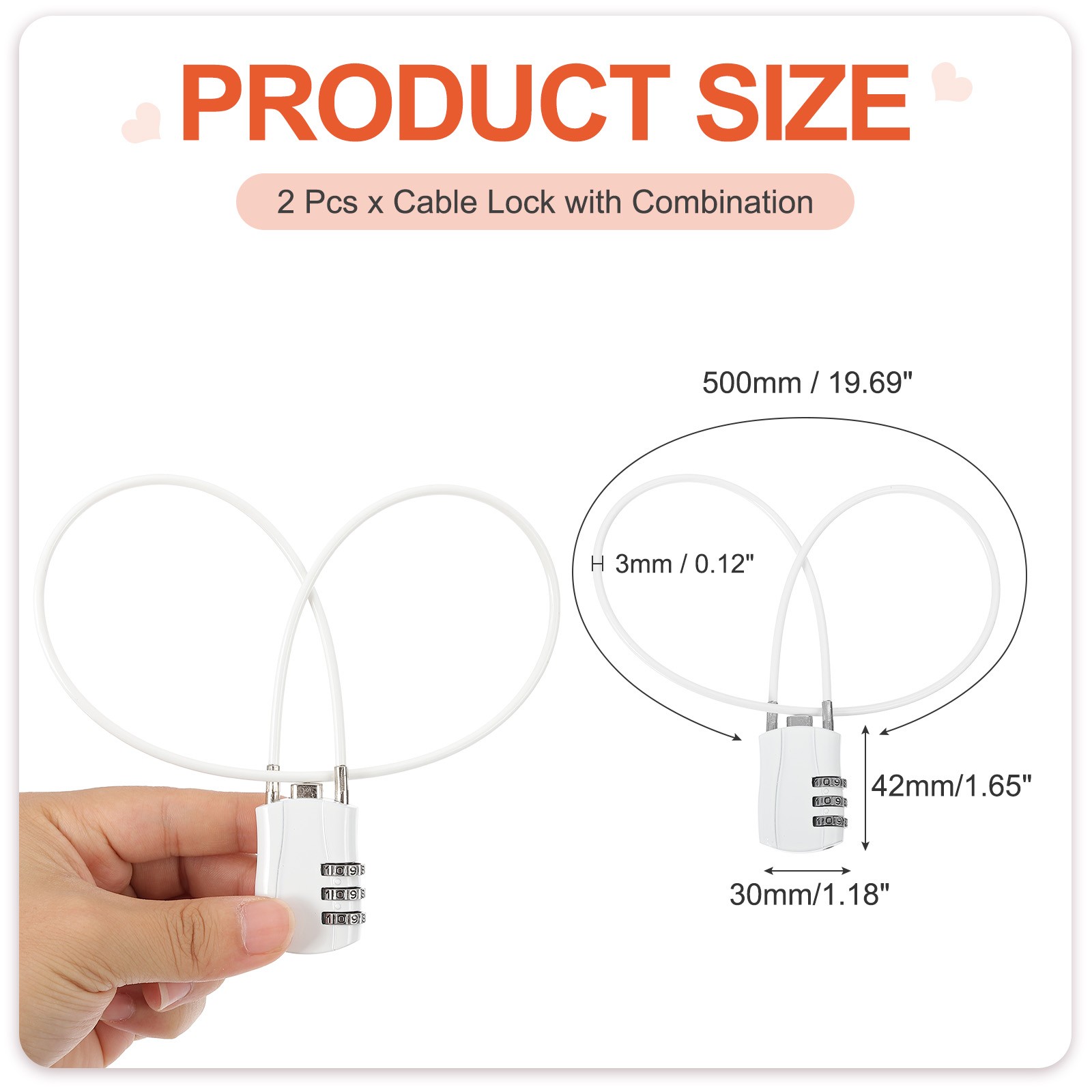 2 Pcs 3 Digit Luggage Cable Combination Lock with 20" Long Cable, White