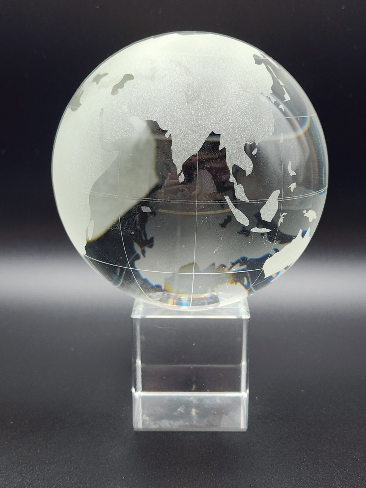 Clear Crystal World Earth Globe Etched Crystal World 4" Sphere  w/Crystal Base