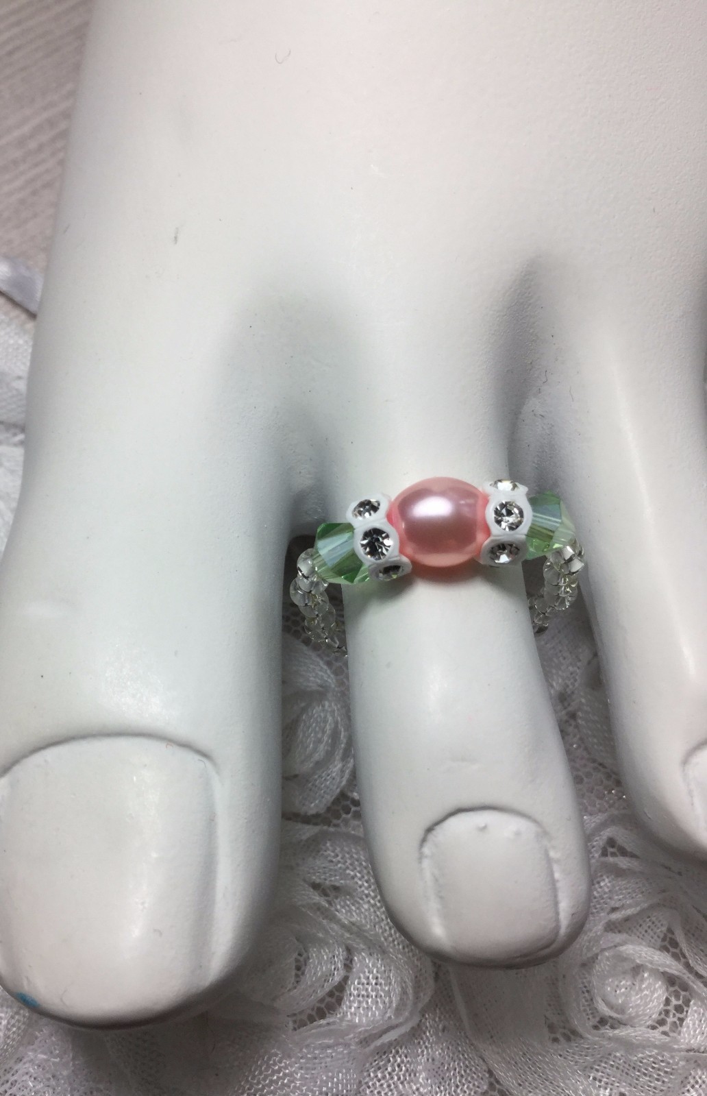 Handmade Pink/Green Crystal Pearl Swarovski Elements Stretch Toe Ring USA
