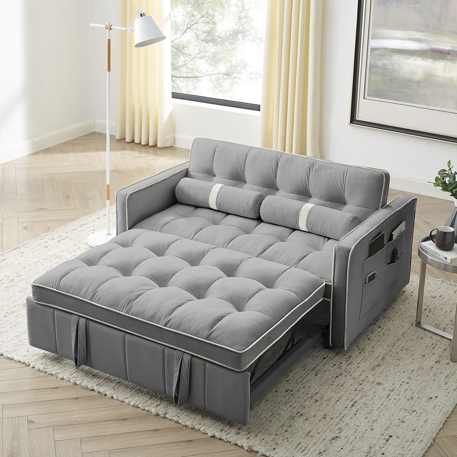55.5" Pull Out Sleep Sofa Bed 2 Seater Loveseats Sofa Couch w/ Side Pockets