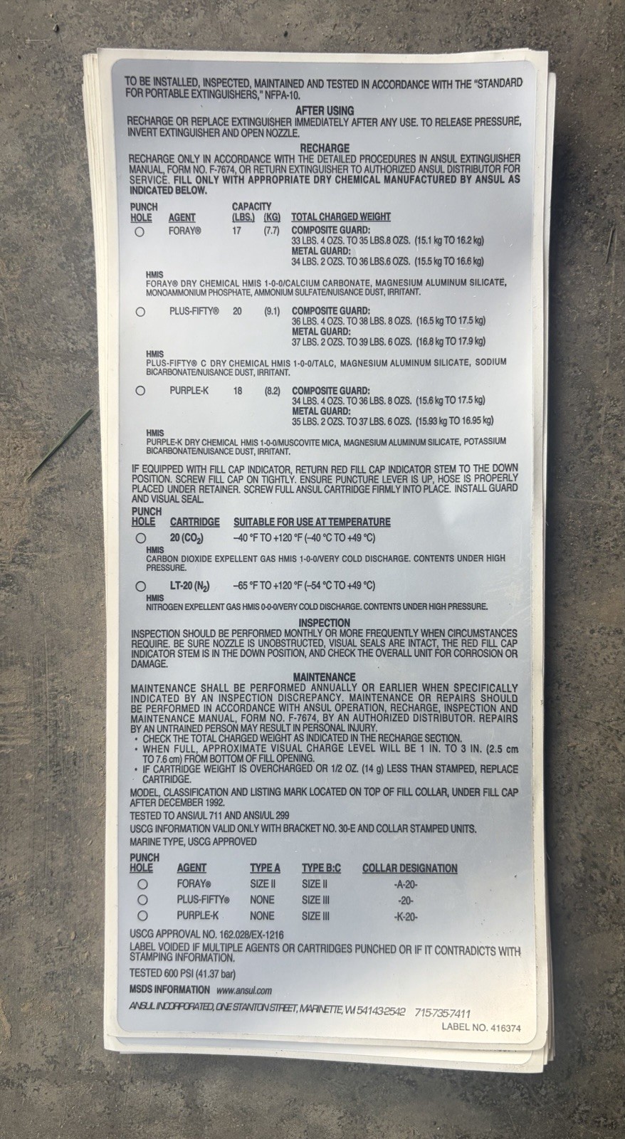 Ansul Redline 20# Back Label P/N 416374