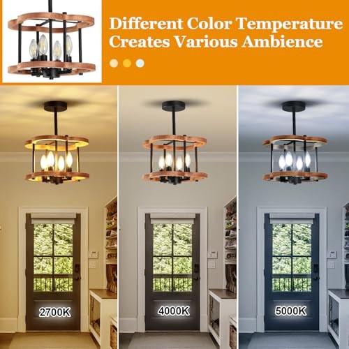 4-Light Rustic Semi Flush Mount Ceiling Light, 13" Farmhouse Wood Close to