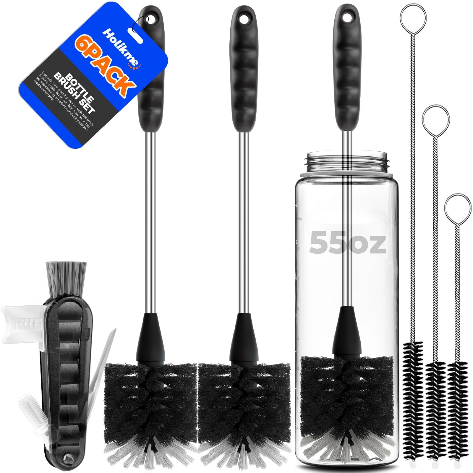 6 Pack Bottle Brush Set, 14" Long Handle Stainless Steel Bottle Cleaner Brush...