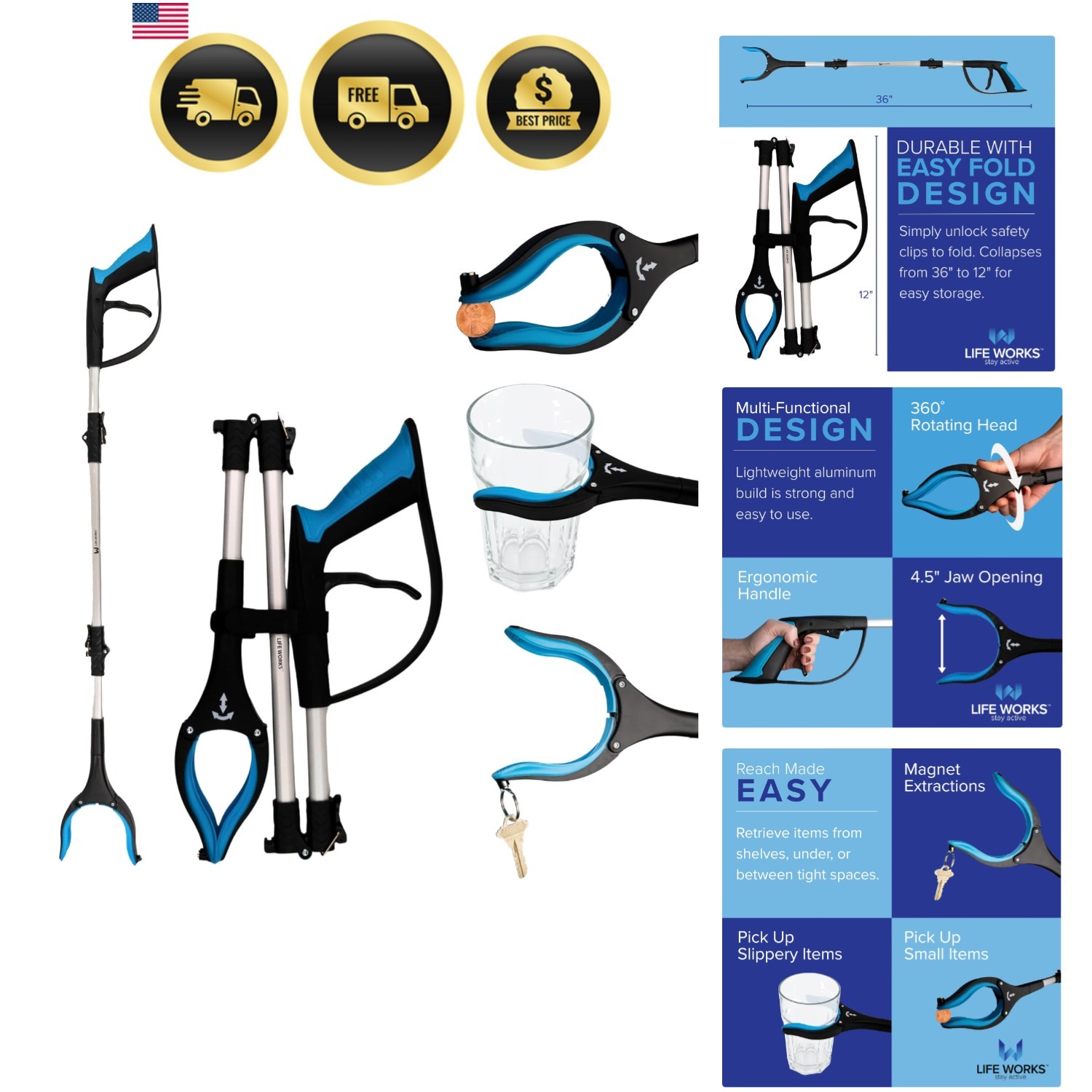 Reacher Grabber Tool, 360° Rotating Head, Lightweight 36" Foldable Arm, Ergon...
