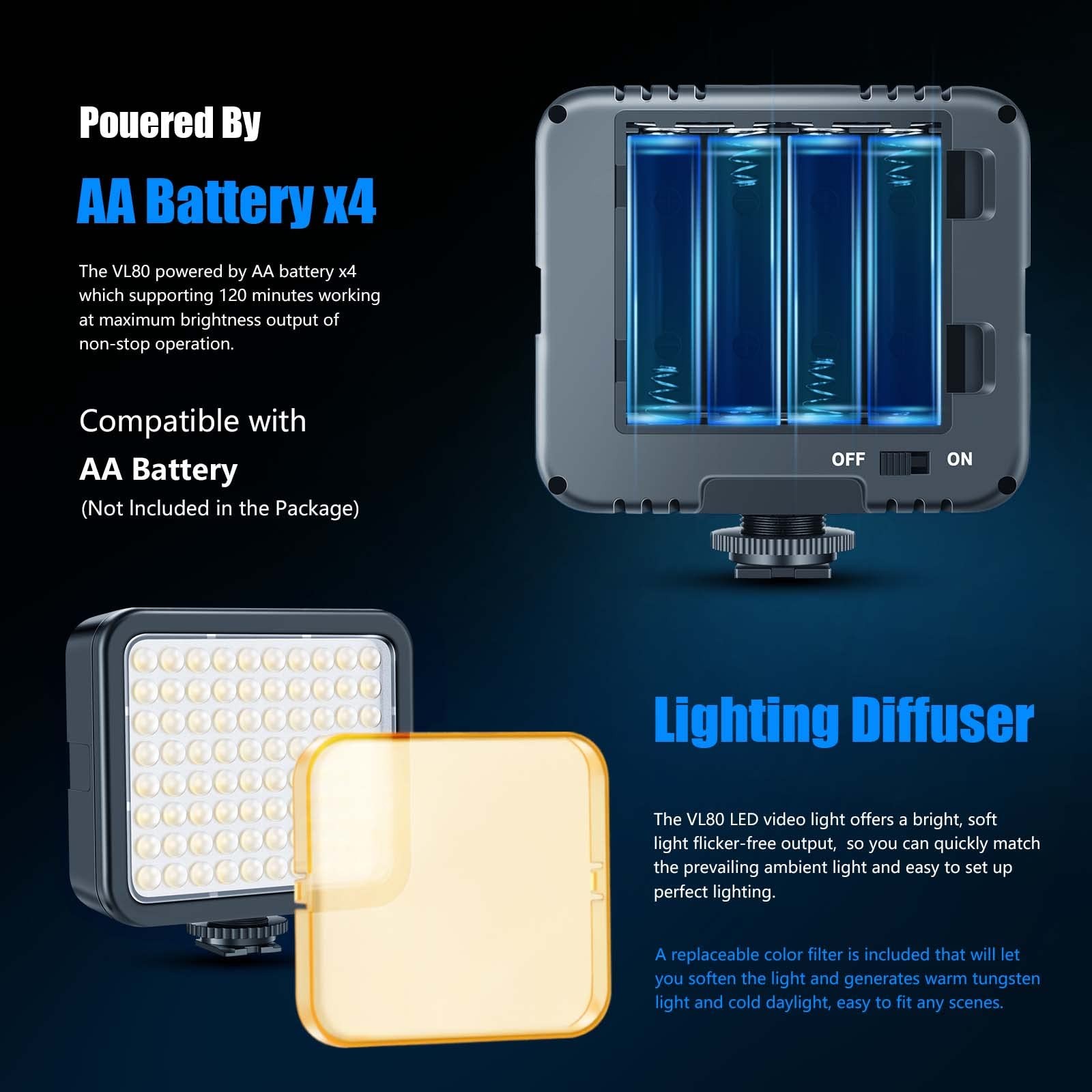VL80 LED Video Light Kit Portable Continuous on Camera Photography Lighting U...