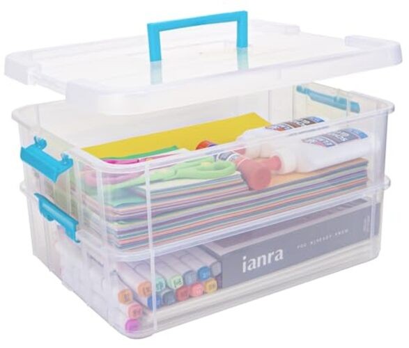 2 Layer Plastic Storage Containers with Lids, Multipurpose Clear Stack & Blue
