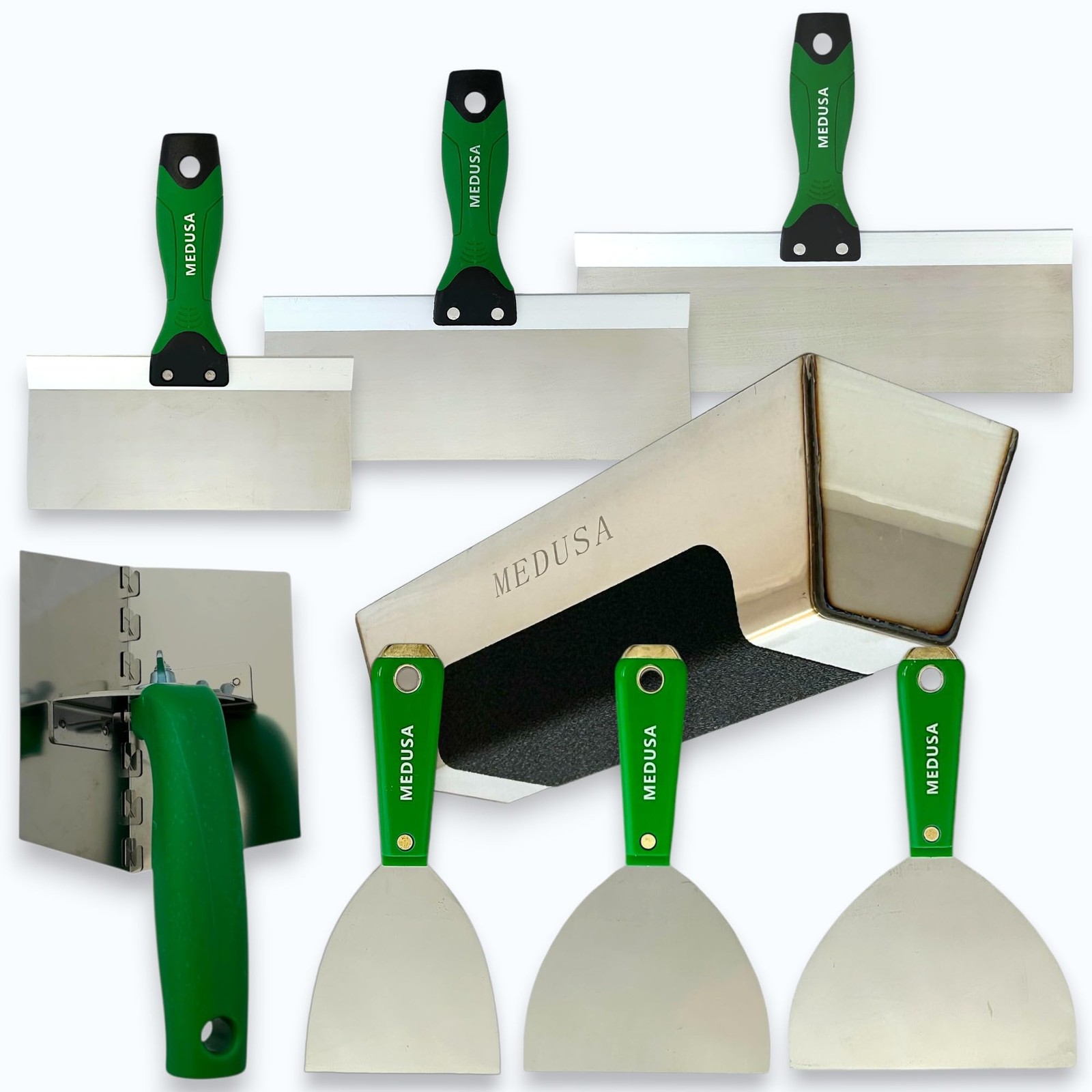 S.S. Drywall Taping Tool Set with Blades, Pan with Grip, Adjustable and rever...
