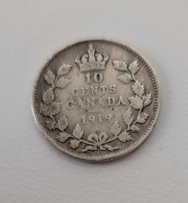 1919 Canada 10 Cent Silver Coin Needs Cleaning