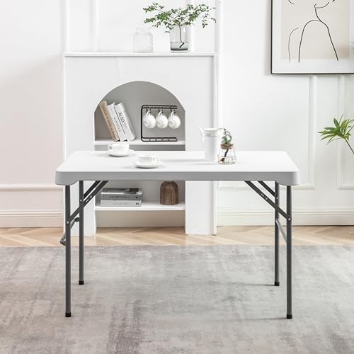 Folding Picnic Table Set White Heavy Duty HDPE Rectangle Table Two Benches