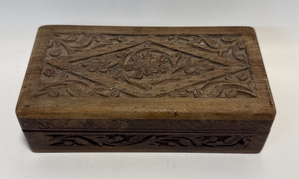 Vintage Hand-Carved Wooden Floral Jewelry Trinket Box