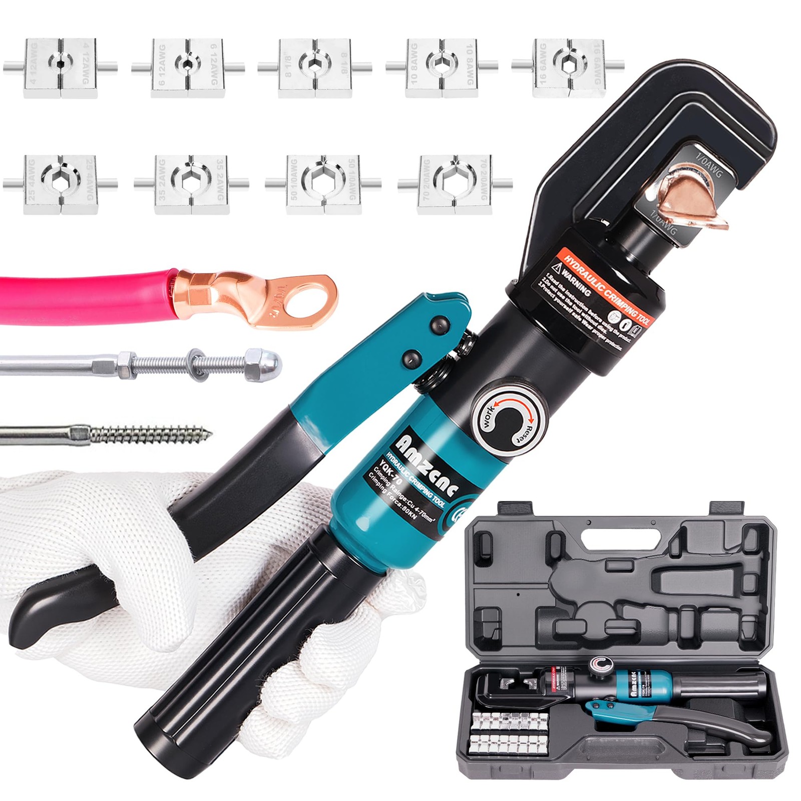 10 Ton Hydraulic Battery Cable Crimper – Single-Hand Return, 9 Hex Dies for 1...